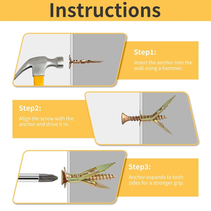Vintex 100Pcs Self Drilling Drywall Anchors and Screws Kit, Steel Wall Anchors and Screws for Heavy Duty, No Drill or Holes in Sheetrock Expansion Anchors - Image 4
